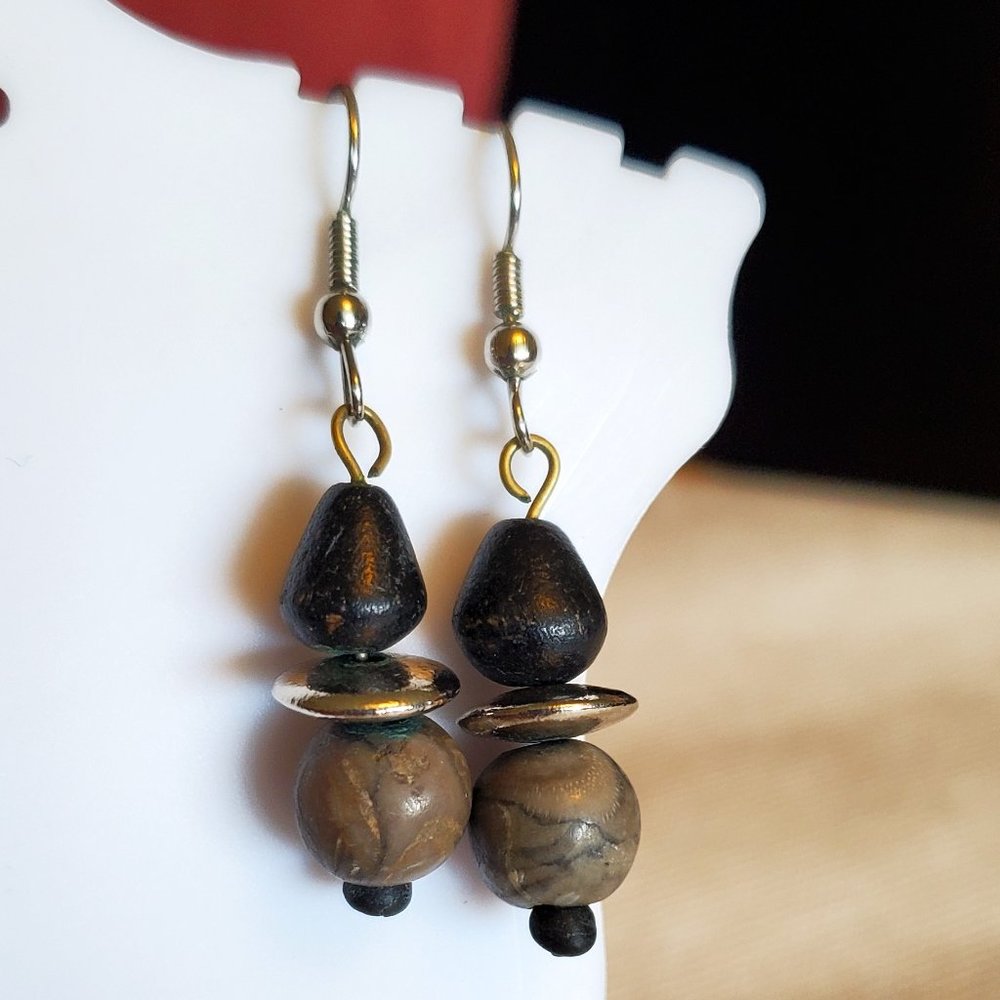 Silver Tone Hook Wood and Stone Bead Earrings